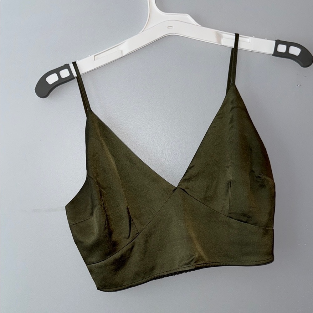 Abercrombie & Fitch Olive Satin V-Neck Crop Cami